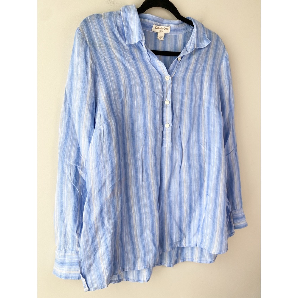 Coldwater Creek Womens 100% Linen Popover Blouse L Petite Blue Striped Coastal - Picture 2 of 9